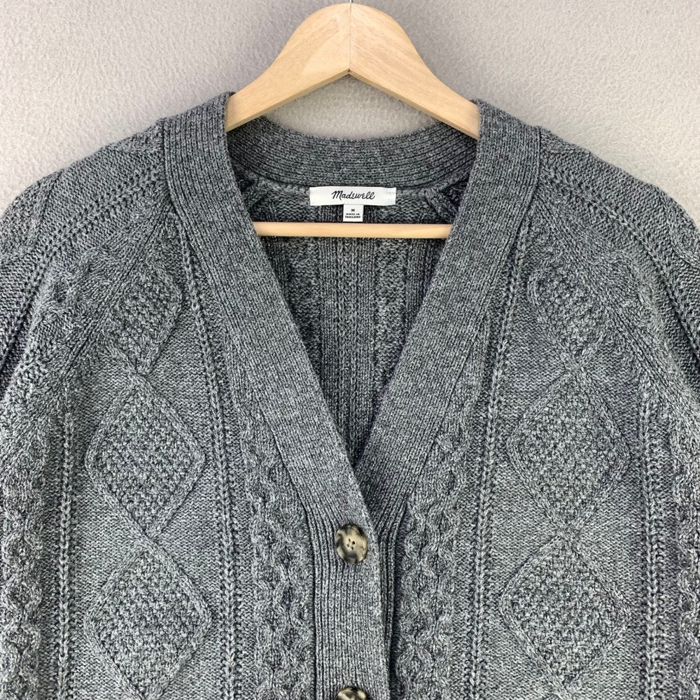 Madewell Cableknit Cardigan Sweater Women M Gray Cropped V-Neck Wool Metallic - Picture 3 of 11